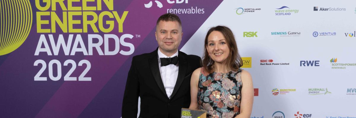 Photo of Steven and Fiona Lindsay of ReBlade with their Judges Award from the Scottish Green Energy Awards